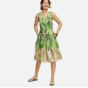 NEW Talbots Cotton Dress Pleated Skirt Fit & Flare Lined Pockets sz 8 Green Tan